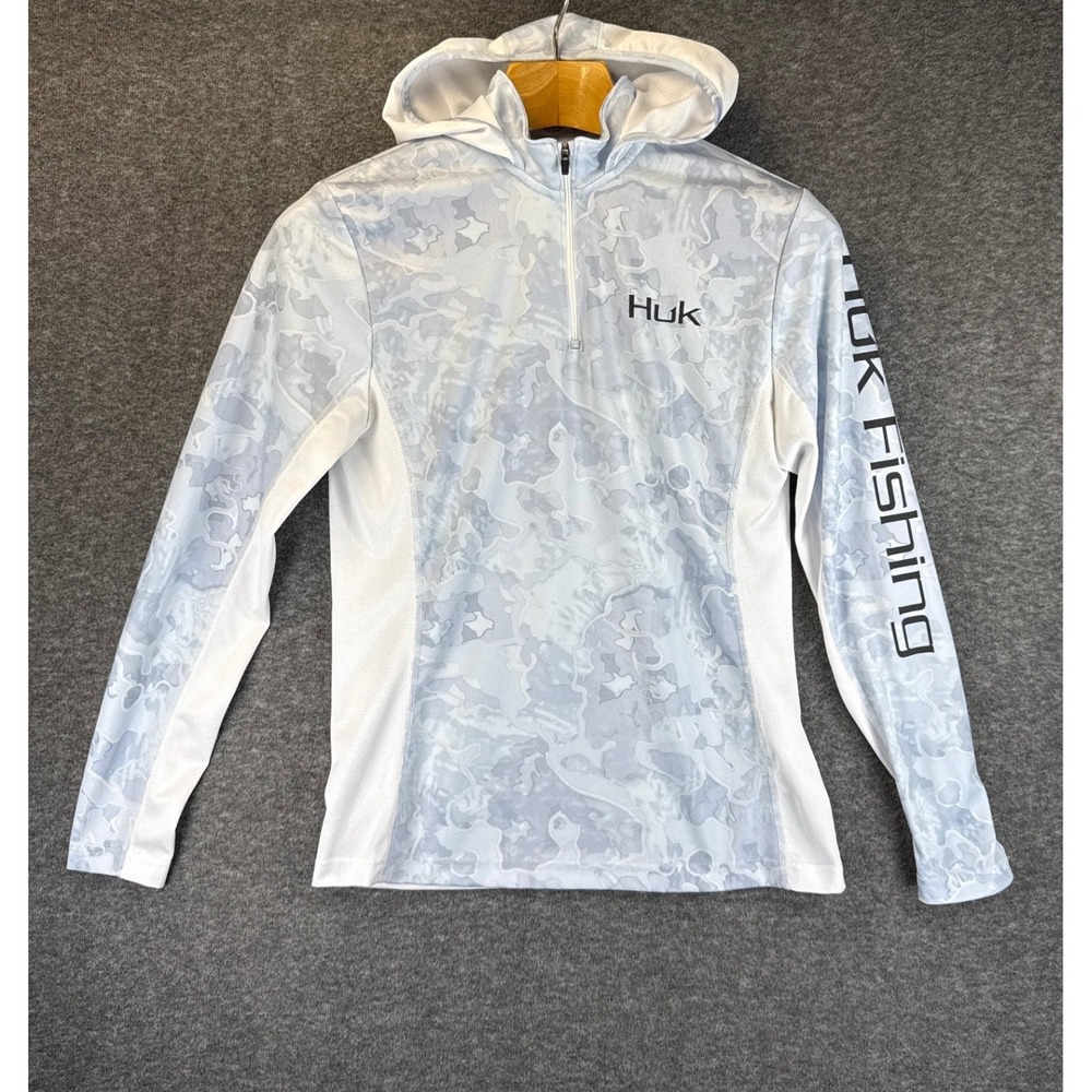 Huk Current Camo Icon X  Fishing Hoodie Womens M Blue White Quarter Zip Coastal